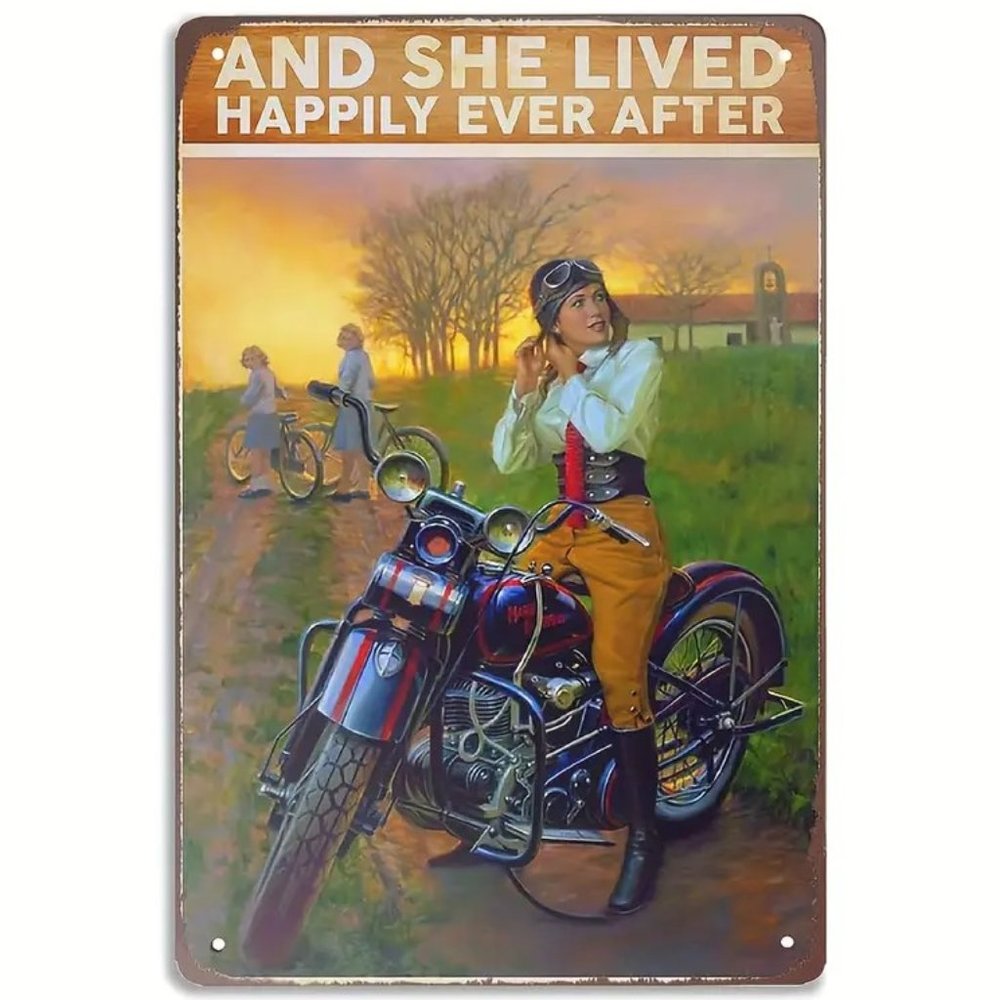 Metal Sign, Vintage Look "And She Lived Happily Ever After" Woman on Motorcycle